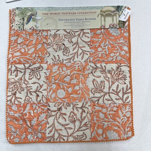 World‎ Traveler Collection Table Runner Orange Floral Patchwork 16x72 Boho - Picture 2 of 8